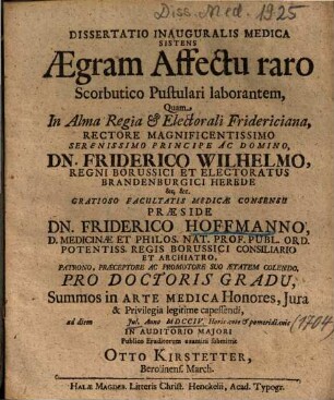Dissertatio Inauguralis Medica Sistens Aegram Affectu raro Scorbutico Pustulari laborantem