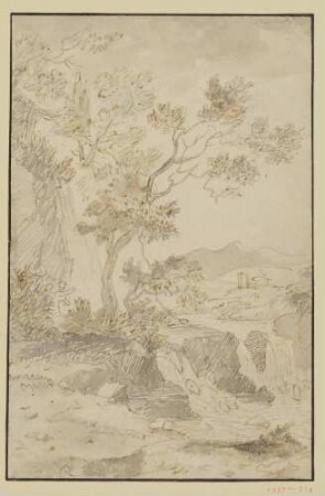 Landschaft mit Baum, Wasserfall und Flusstal