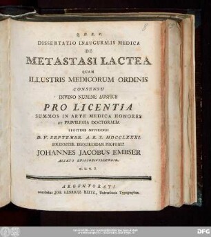 Dissertatio Inauguralis Medica De Metastasi Lactea