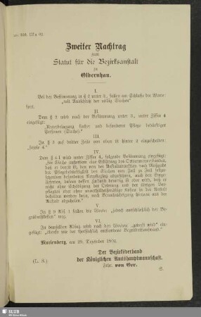 2. Nachtrag: Statut für die Bezirks-Anstalt zu Olbernhau