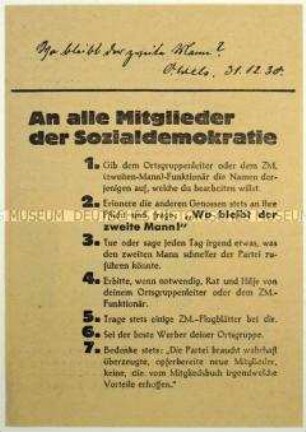 Handzettel der SPD über die Parole "Wo bleibt der zweite Mann?" zur Werbung neuer Mitglieder