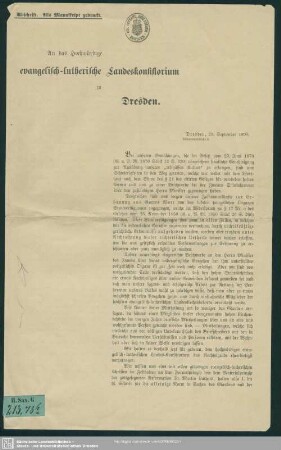 An das hochwürdige evangelisch-lutherische Landeskonsistorium zu Dresden