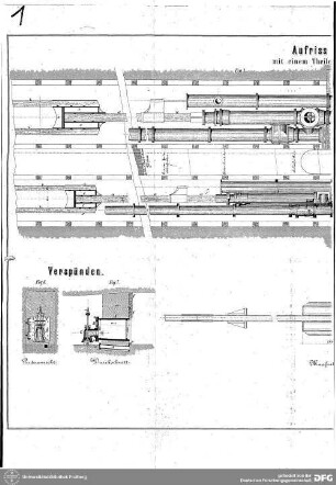Tafel XII - Aufriss von Schacht I. Mit einem Theile der eingebauten Pumpen : Tafel XII - Aufriss von Schacht I. Mit einem Teile der eingebauten Pumpen