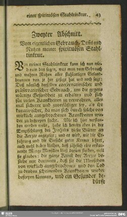Zweyter Abschnitt. Vom eigentlichen Gebrauch, Dosis und Nutzen meiner spirituösen Stahltinktur