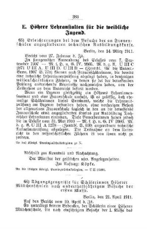 Erleichterungen bei dem Besuche der an Frauenschulen angegliederten technischen Ausbildungskurse [E. Höhere Lehranstalten für die weibliche Jugend]