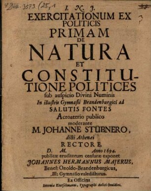 Exercitationum ex politicis primam de natura et constitutione politices