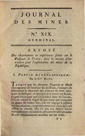 Journal des mines : ou recueil de mémoires sur l'exploitation des mines et sur les sciences et les arts qui s'y rapportent. 4. 1795/96, Nr. 19 - 21 (An IV, Trimestre 3)