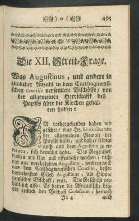 Dei XII. Streit-Frage. Was Augustinus, und andere in zimlicher Anzahl in dem Carthaginensischem Concilio versammelte ...