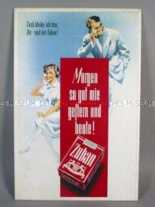 Werbeaufsteller mit Werbeaufdruck für "Zuban"-Zigaretten (Motiv: Mann und Frau am Telefon mit Zigarette)