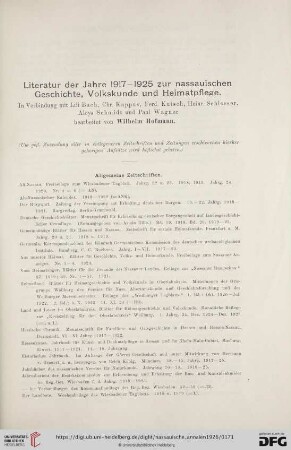 Literatur der Jahre 1917-1925 zur naussauischen Geschichte, Volkskunde und Heimatpflege