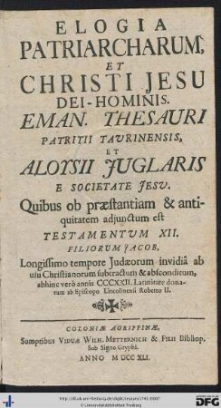 Elogia Patriarcharum, Et Christi Jesu Dei-Hominis
