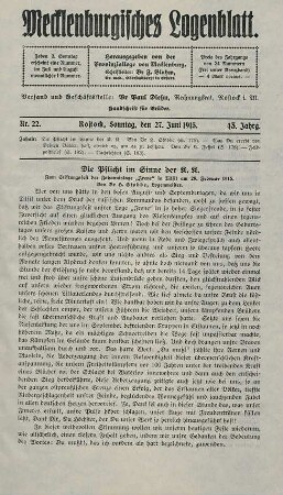 Nr. 22. Rostock, Sonntag, den 27. Juni 1915.