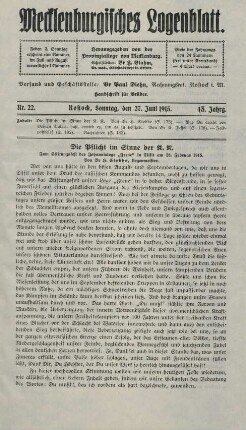 Nr. 22. Rostock, Sonntag, den 27. Juni 1915.