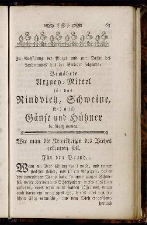 ...Bewährte Arzney-Mittel für das Rindvieh, Schweine, wie auch Gänse und Hühner...