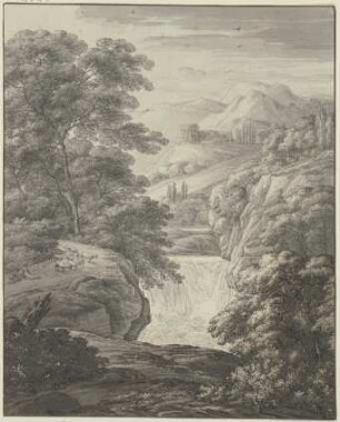 Gebirgslandschaft mit Wasserfall und antiken Ruinen