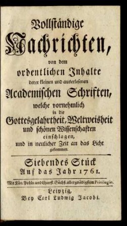 Siebendes Stück. Auf das Jahr 1761