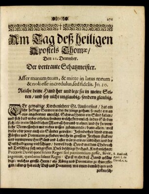 Am Tag deß heiligen Apostels Thomae/ Den 21. December. Der vertraute Schatzmeister.