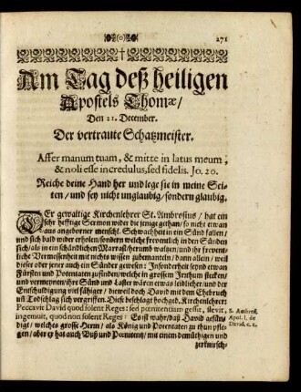 Am Tag deß heiligen Apostels Thomae/ Den 21. December. Der vertraute Schatzmeister.
