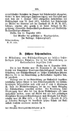 Abhaltung von Schlußprüfungen an solchen sechsstufigen höheren Schulen, die in der Entwicklung zu Vollanstalten begriffen sind : [D. Höhere Lehranstalten]