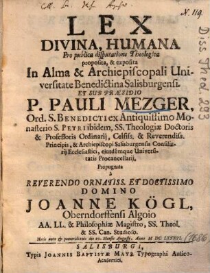 Lex Divina, Humana : Pro publica disputatione Theologica proposita, & exposita