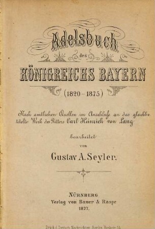 Adelsbuch des Königreichs Bayern : (1820-1875)
