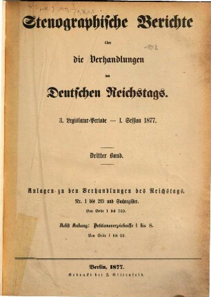Verhandlungen des Reichstages. Stenographische Berichte. 46. 1877