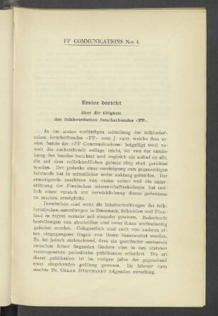 FF Communications No. 4. Erster bericht über die tätigkeit des folkloristischen forscherbundes "FF"