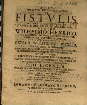 Dissertatio Inavgvralis Medica De Fistvlis