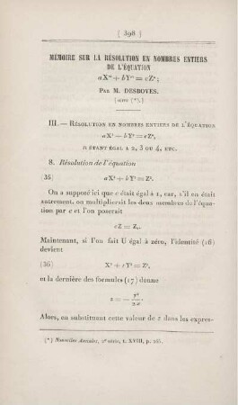 Mémoire sur la résolution en nombres entiers de l'équation ... [Fortsetzung]
