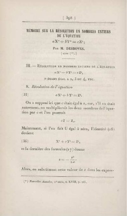 Mémoire sur la résolution en nombres entiers de l'équation ... [Fortsetzung]
