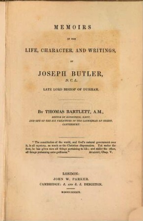 Memoirs of the life, character and writings of Joseph Buttler
