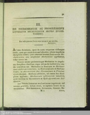 III. De Incrementis Ac Progressibus Litterarum Mechanicarum Seculo Duodevigesimo