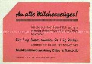 Handzettel eines Milchbetriebes mit dem Angebot des Tausches von Milch gegen Zucker