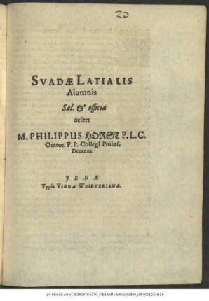 Suadae Latialis Alumnis Sal. & officia