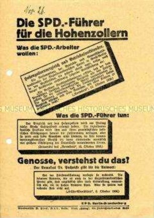 Informationsblatt der KPD über die Haltung der SPD zum Vergleich mit den Hohenzollern