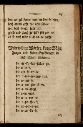 Mehrsylbige Wörter, kurze Sätze, Fragen und kleine Erzählungen in mehrsylbigen Wörtern.