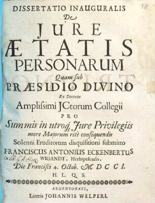 Dissertatio inauguralis De jure aetatis personarum
