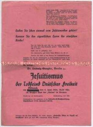 Propagandaflugblatt des Ludendorff-Verlages gegen den Jesuitenorden mit der Einladung zu einem Vortrag in Wien