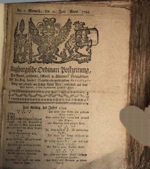 Augsburgische Ordinari Postzeitung von Staats-, gelehrten, historisch- u. ökonomischen Neuigkeiten. 1794