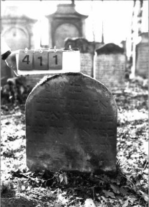 Grabstein 411 (Index: 100115660) Material: Sandstein Zustand: verwittert Maße HxBxT: 65x50x9 cm Beschreibung: Stele mit Rundbogenabschluß: Grabstein 411