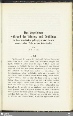 Das Vogelleben während des Winters und Frühlings in dem bewaldeten gebirgigen und ebenen wasserreichen Teile unsres Vaterlandes