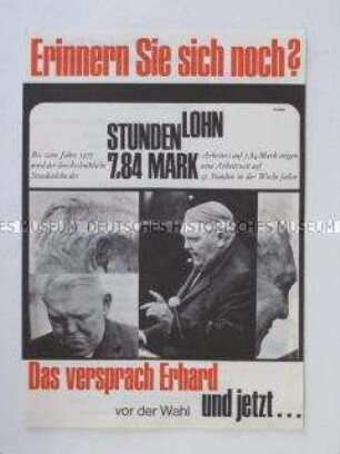 Illustriertes Propagandaflugblatt des DGB gegen die Wirtschaftspolitik der Erhard-Regierung gemessen an den Wahlversprechen