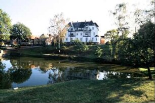 Blick über Dorfteich auf Häuser