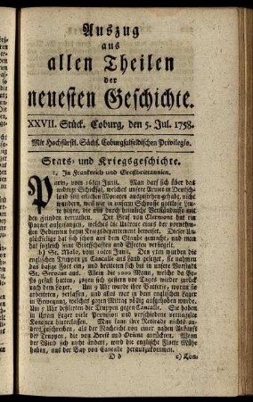 XXVII. Stück. Coburg, den 5. Jul. 1758.