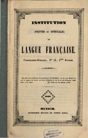 Institution (Privée et Spéciale) de Langue Française. Carmeliter-Strasse, No 15, 3ème Entrée