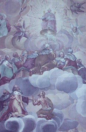 Saalfeld. Stadtmuseum im Franziskanerkloster, Festsaal mit Barockdecke, Deckengemälde von J. H. Ritter: Anbetung Gottes und des Lammes durch die Ältesten und Könige