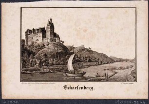 Blick über die Elbe nach Westen auf Schloss Scharfenberg (Klipphausen) zwischen Meißen und Dresden