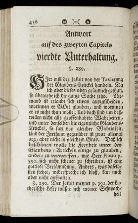 Antwort auf des zweyten Capitels vierdte Unterhaltung.