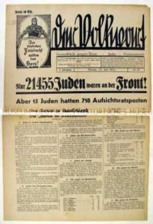 Völkisch-antisemitische Wochenzeitung "Der Volkwart" u.a. zum geringen Anteil der Juden an den Frontsoldaten des 1. Weltkrieges