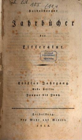 Heidelberger Jahrbücher der Literatur. 11,1 = H. 1/6. 1818